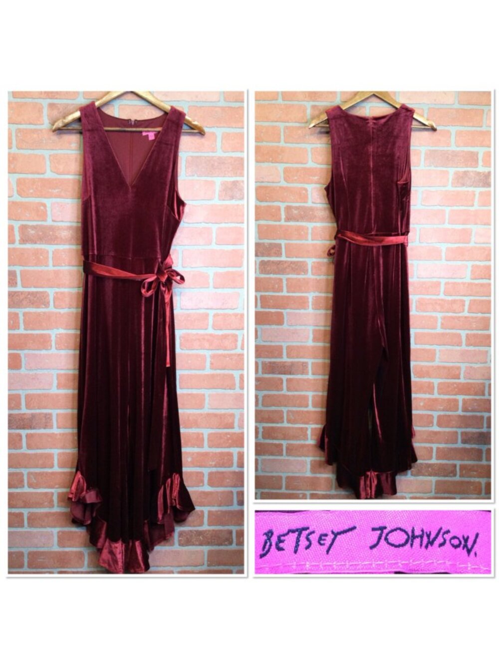 Betsey Johnson Velvet Jumpsuit Sleeveless Ruffled Wide Leg Red Burgundy Size 8 - Picture 2 of 11